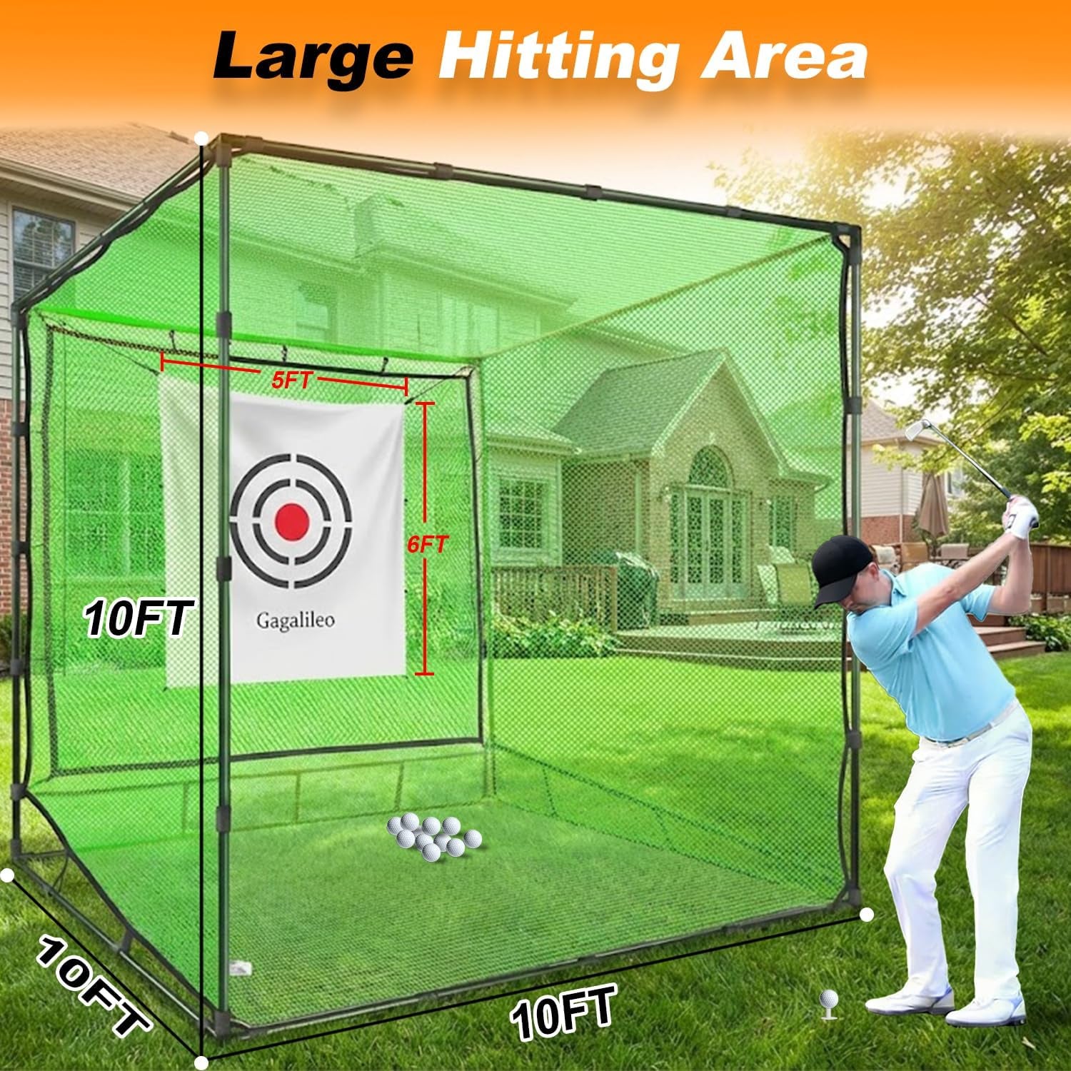 Golf Cage Net with Steel Frame and Target: 10X10X10FT Heavy Duty Practice Net for Backyard Driving & Indoor Driving Range Outdoor Training