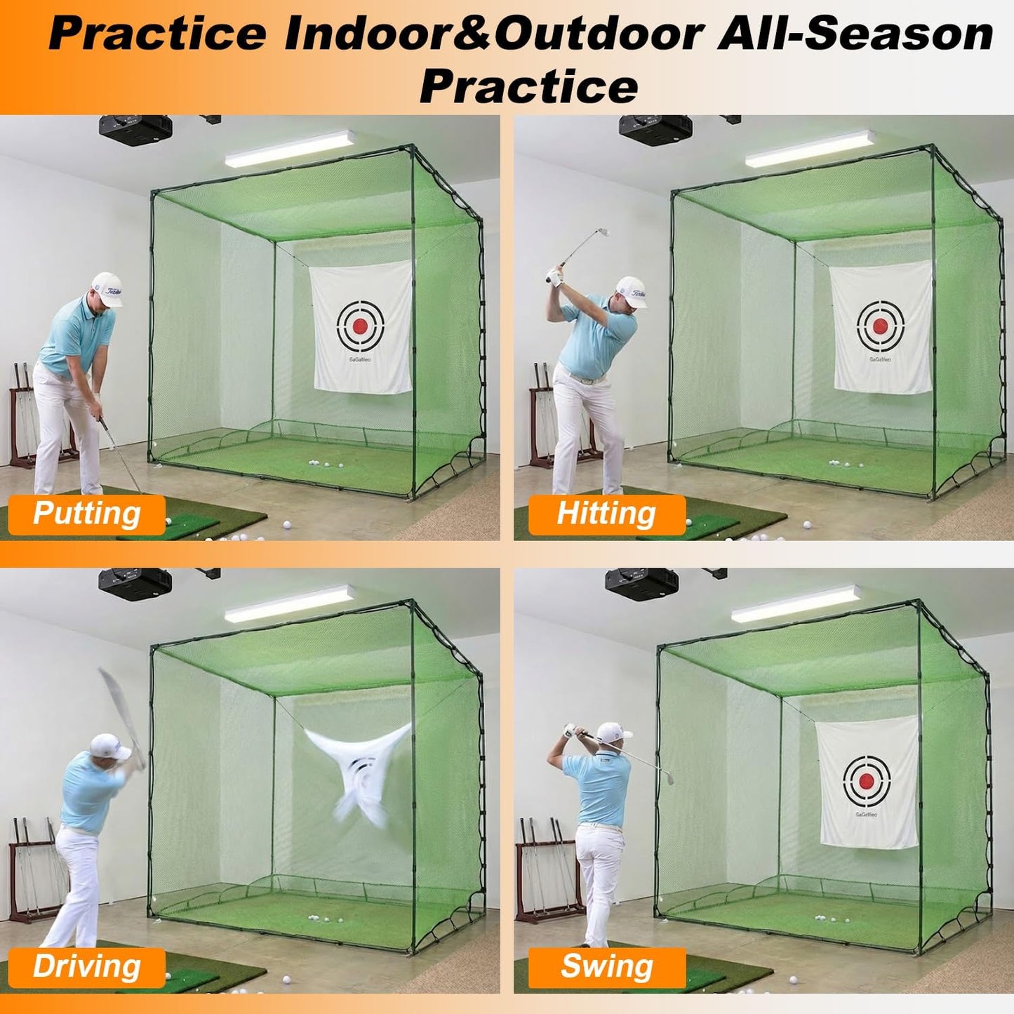 Golf Cage Net with Steel Frame and Target: 10X10X10FT Heavy Duty Practice Net for Backyard Driving & Indoor Driving Range Outdoor Training